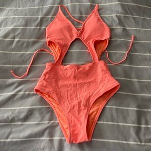 bright pink aerie cutout high waist bathing suit